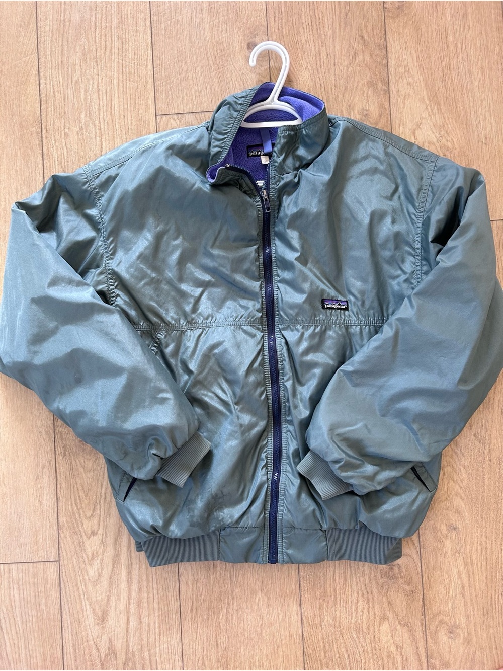 Patagonia Olive Green Bomber Jacket with Purple Lining